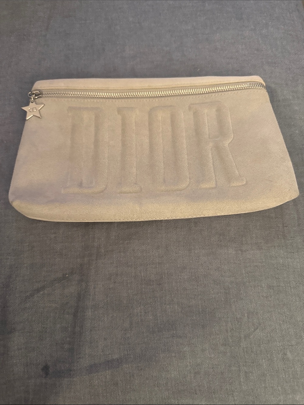 Dior Grey Suede Cosmetic Makeup Bag Embossed Logo Star Charm Pouch